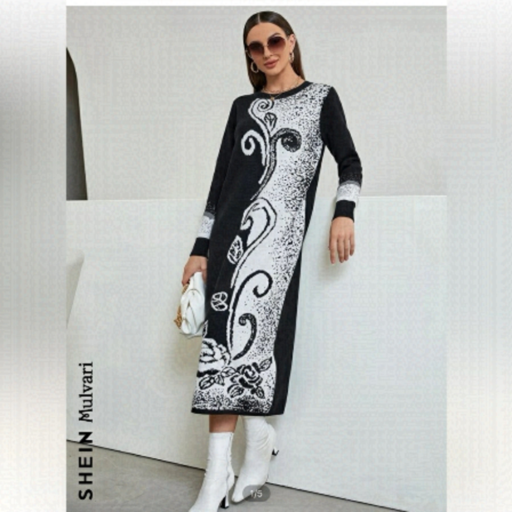 Mulvari Floral Pattern Colour block White Black Sweater Dress Sz M NWOT